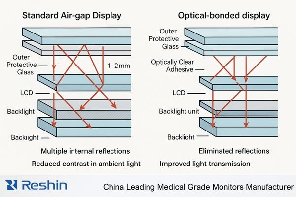 An image showing a cross-section comparison between a standard air-gap display and an optical-bonded OEM medical monitor by Reshin, highlighting reduced reflections and increased durability in the optical-bonded version
