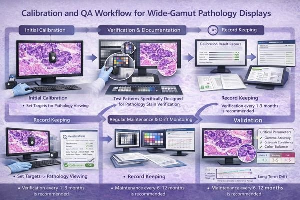 A calibration and QA workflow for digital pathology displays, covering targets, verification, and documentation.
