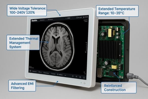 Close-up image of a medical-grade display featuring reinforced power conditioning, advanced filtering, and thermal management designed for CIS healthcare conditions