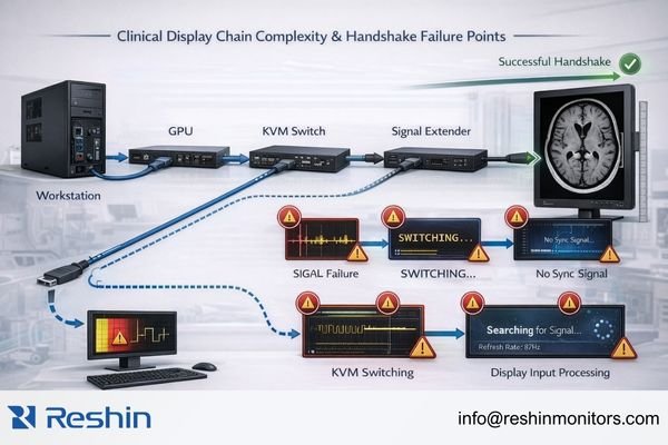 Clinical display chain with multiple devices (GPU, KVM/extender, monitor) highlighting common handshake sensitivity points