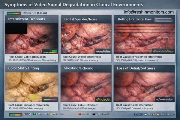 An image comparing common artifact patterns (sparkles, rolling bars, dropouts) on a clinical display during legacy signal degradation.