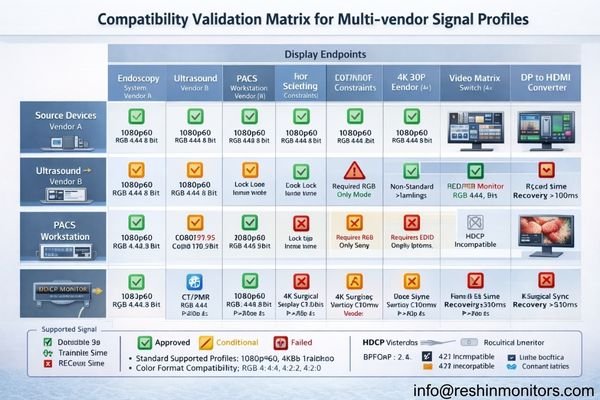 Compatibility validation matrix mapping sources and distribution devices to approved signal profiles.