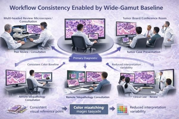 A digital pathology workflow map showing consistent color baselines across sign-out, peer review, and remote consultation stations.