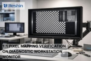 Diagnostic workstation monitor displaying 1-pixel checkerboard test pattern for verifying true 1:1 pixel mapping
