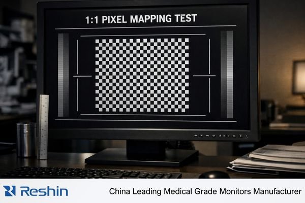 Diagnostic monitor showing a 1-pixel test pattern for verifying true 1:1 pixel mapping