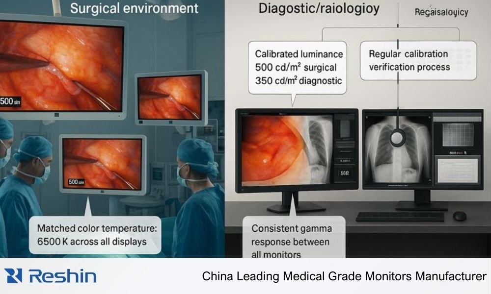 Radiology and OR environments showing multiple calibrated 4K medical displays with matched color and luminance for consistent clinical decisions.
