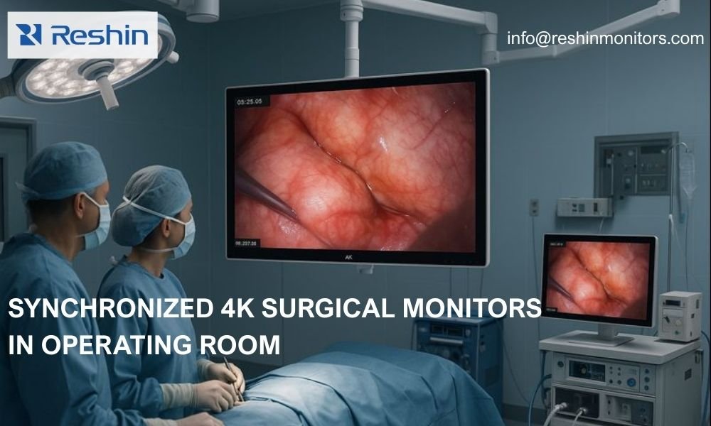 4K surgical monitors integrated in a modern operating room, showing synchronized real‑time endoscopic video across multiple displays for surgeons and staff.