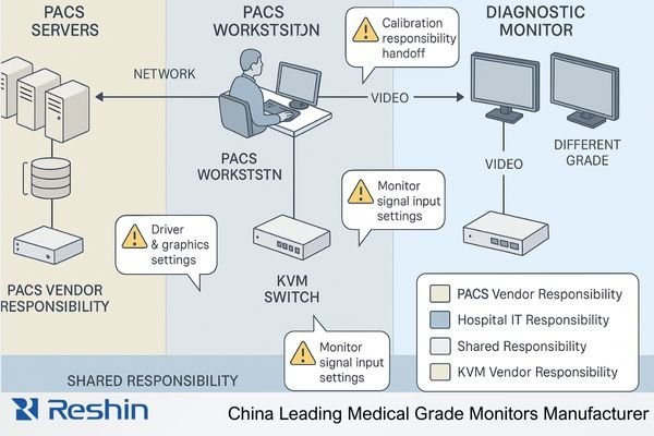 A detailed diagram showing integration points between PACS servers, PACS workstations, KVM switches and diagnostic monitors in radiology, with highlighted friction points and responsibility boundaries