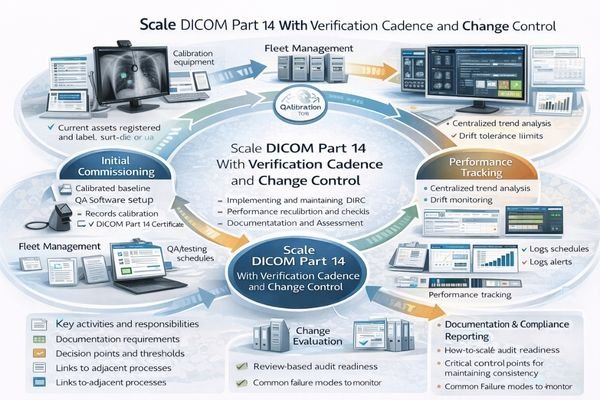 A fleet QA workflow showing commissioning, periodic verification, drift tracking, and change control.