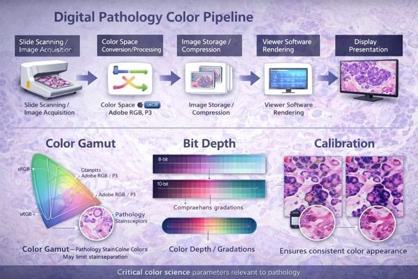 A color pipeline diagram illustrating gamut coverage, bit depth, and calibration effects on stain appearance.