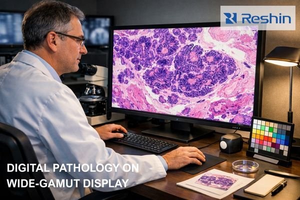 A pathologist reviewing WSI cases on a wide-gamut medical display with clear stain separation.