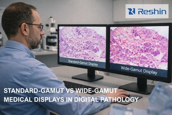 Pathologist comparing whole slide images on standard-gamut and wide-gamut medical displays, showing improved stain color separation for digital pathology diagnosis