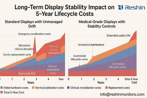 A comparison chart showing the increasing maintenance costs over 5 years between standard displays with unmanaged drift versus medical-grade displays with stability controls
