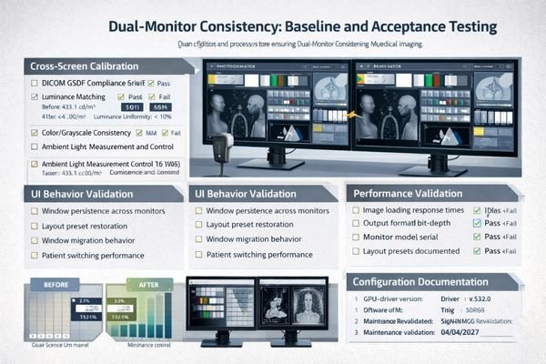 A validation checklist view showing layout presets, cross-screen consistency checks, and recovery testing for dual monitors.