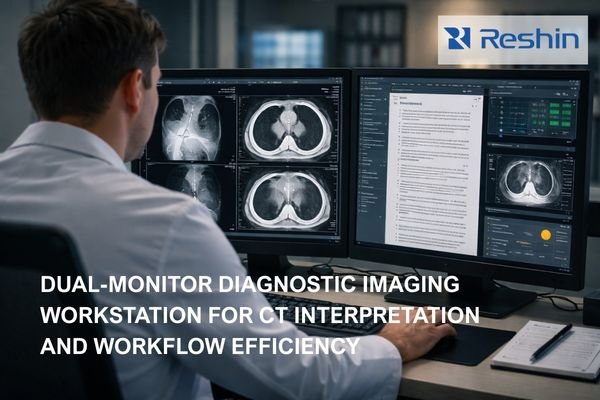 Radiologist using dual-monitor diagnostic workstation with CT scans on primary screen and reports, worklist and AI analysis on secondary screen to improve workflow efficiency