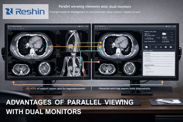A dual-monitor split showing imaging on the primary screen and priors, reports, and AI panels on the secondary screen.