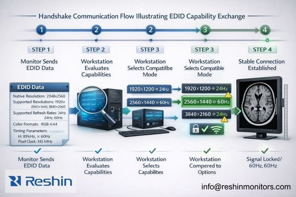 Handshake communication flow illustrating EDID capability exchange and mode selection steps