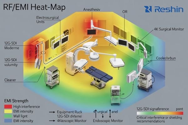 A technical diagram showing the electromagnetic profile of an operating room with hotspots near electrosurgical units, C-arms and anesthesia machines, with overlaid 12G-SDI signal paths to 4K surgical and endoscopic monitors highlighting vulnerable points