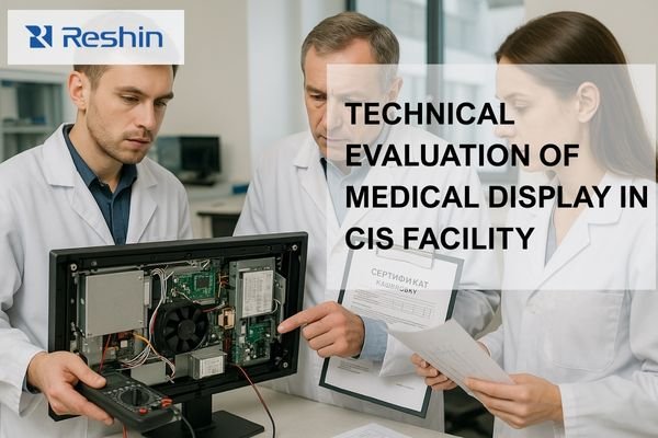 CIS hospital engineering staff examining the internal construction, calibration system, and technical documentation of a medical-grade display