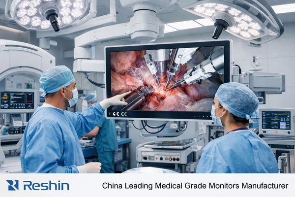A 4K medical-grade display deployed in a European hybrid OR, emphasizing bright-room readability and stable integration.