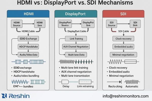 Comparison diagram of HDMI handshake, DP link training, and SDI reclocking behavior in OR distribution.