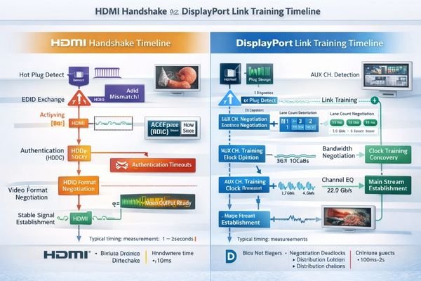 Comparative timeline showing HDMI handshake versus DisplayPort link training and where failures often occur.