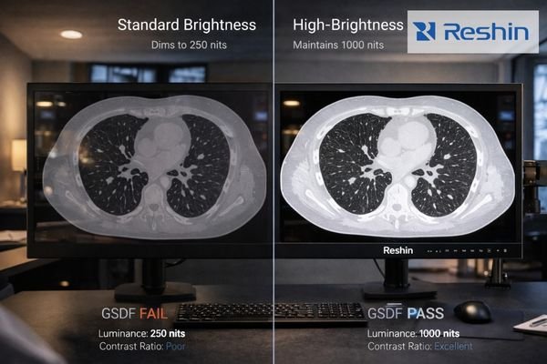 An image of a high-brightness radiology monitor maintaining readable lung detail in a moderately lit reading room environment.