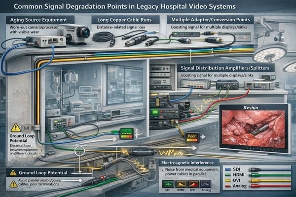 An image of long in-wall cable runs and multiple adapters feeding a medical-grade monitor, highlighting typical degradation points in legacy systems.