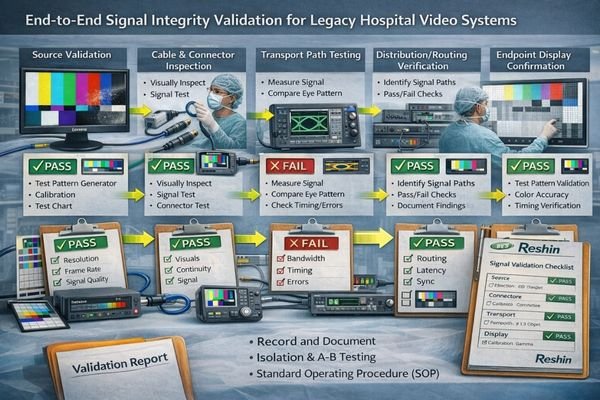 An image of a signal validation workflow using test patterns and step-by-step isolation across a hospital video chain.