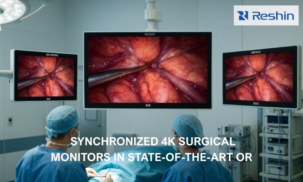 State-of-the-art operating room with synchronized 4K surgical monitors displaying identical endoscopic content.