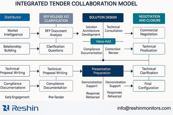 A process flow diagram showing the touchpoints between distributor and manufacturer engineering teams throughout the surgical display tender lifecycle, highlighting key collaborative activities at each phase