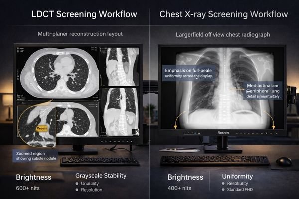 An image of a dual-monitor radiology setup optimized for LDCT comparison and chest X-ray review, emphasizing uniformity and grayscale stability.