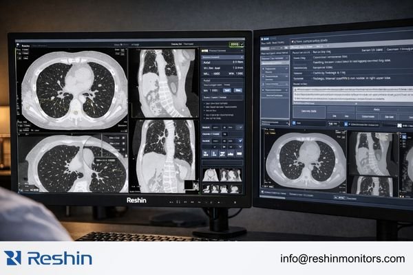 An image of a radiology workstation displaying an LDCT lung screening study with priors side-by-side on a high-brightness monitor.