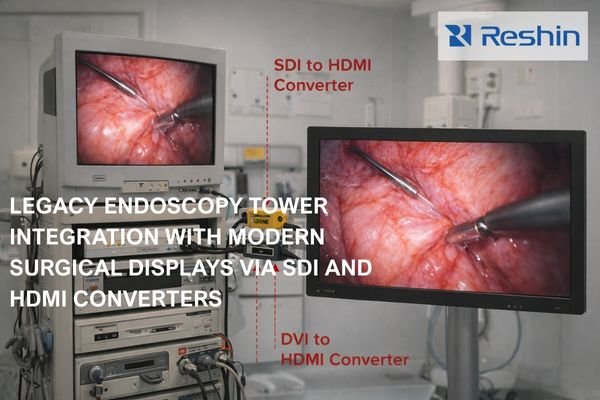Legacy endoscopy tower connected to a modern surgical monitor through SDI-to-HDMI and DVI-to-HDMI converters, illustrating compatibility engineering in a retrofitted operating room