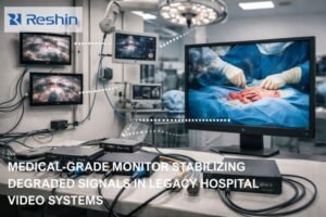 Legacy hospital video chain with multiple converters and cables feeding a medical-grade monitor that stabilizes the final surgical image