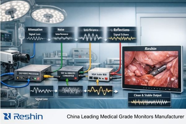 An image of a legacy hospital video chain in a procedure room, showing multiple conversion points and a medical-grade monitor stabilizing the final display.