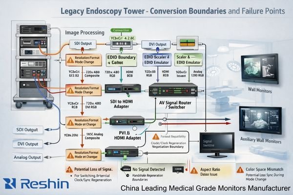 A signal flow diagram showing legacy tower output paths with marked failure points and conversion boundaries