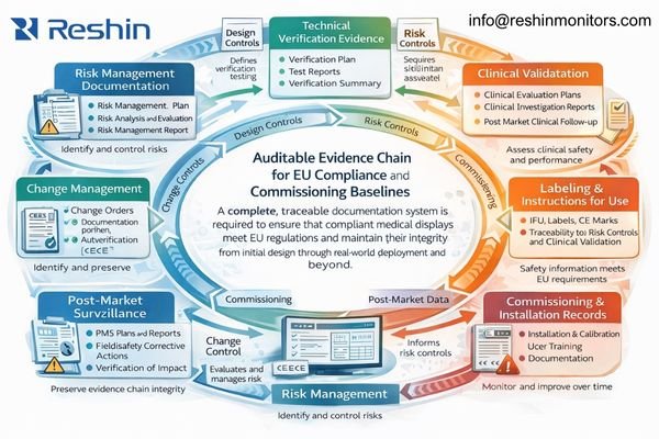 An evidence-chain loop linking risk management, verification, labeling/IFU, and commissioning records.