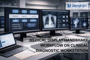 Clinical diagnostic workstation with three medical monitors showing handshake negotiation diagram and radiology images