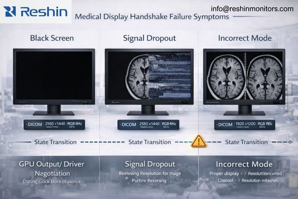 Examples of medical display handshake failure symptoms such as black screen, delayed signal, and incorrect mode fallback