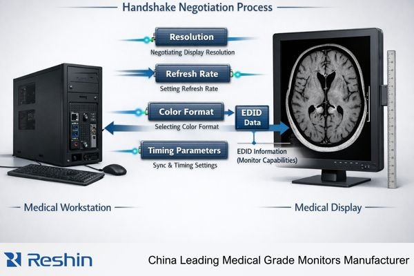 Medical display handshake negotiation diagram showing workstation-to-monitor capability exchange