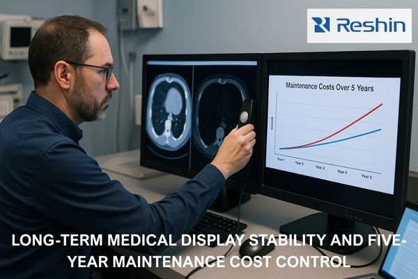 Medical display technician performing calibration on diagnostic monitors while reviewing a five-year maintenance cost chart, illustrating long-term stability management and lifecycle cost control