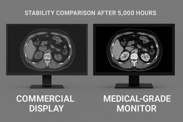 Side-by-side CT images comparing commercial vs medical-grade monitor after 5,000 hours, showing stability.