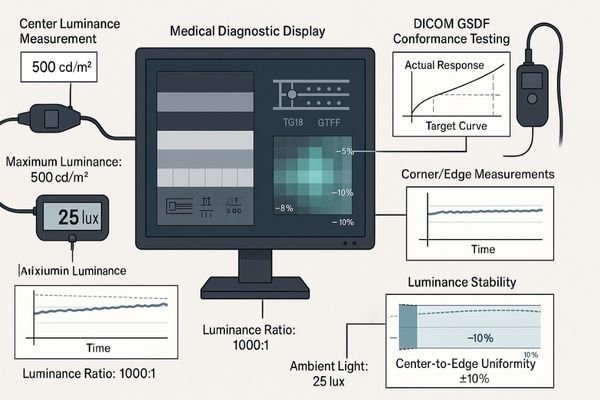 A technical diagram showing multiple stability metrics being measured on a medical display, including luminance, uniformity patterns, and DICOM conformance testing