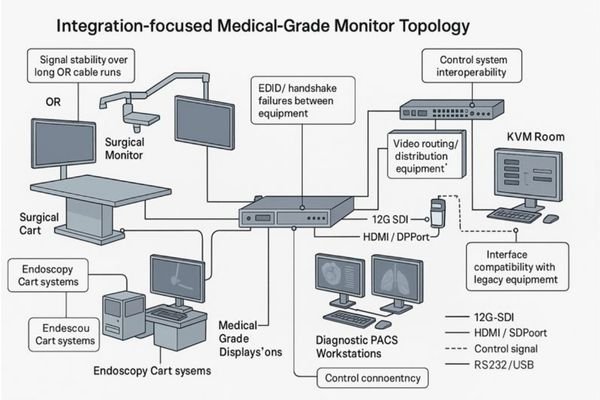 A system topology diagram showing integration risks between medical-grade monitors and hospital imaging systems used by global distributors