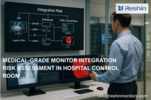 Medical engineer reviewing integration risk diagram for OR, endoscopy, PACS and KVM medical-grade monitors in a hospital control room