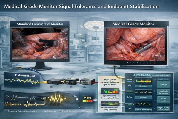 An image of a medical-grade monitor receiving a marginal legacy signal and maintaining stable output through improved sync tolerance and endpoint processing.