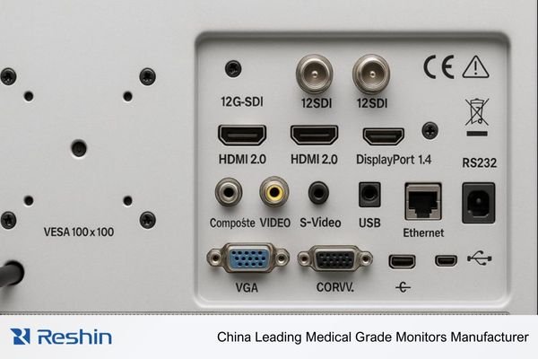 Rear panel of a medical-grade monitor showing SDI, HDMI, DP and legacy video inputs used in OR and PACS integration