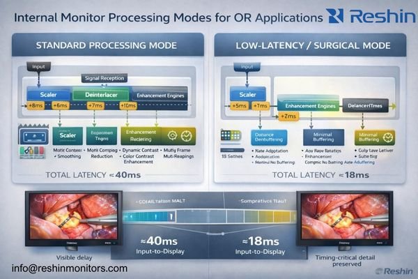 Monitor internal processing comparison showing standard vs low-latency processing modes