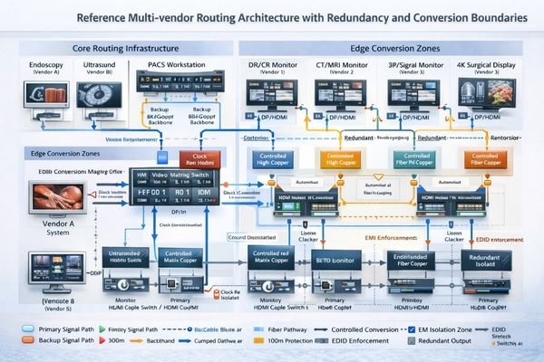 Reference architecture showing backbone routing, edge conversion boundaries, and redundant paths for critical displays.